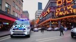 A police Tesla Cybertruck is chasing a Tesla 'Model S Plaid' at top speed, across the 'Pike Place Market', in Seattle. CINEMATIC. WIDE ANGLE LENS. PHOTO REAL.
