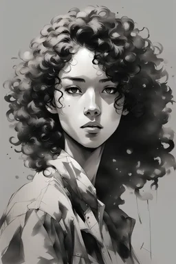Portrait of a young female with black curly hair, and tan skin color, drawn in Yoji Shinkawa style, black and white with a gray background.