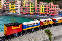 Lego close up Train in lego riomaggiore italy sea town lego