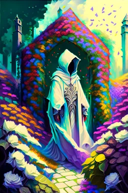 Castle hedge maze with multicolored flowers and hooded figure in white robes rpg art painterly