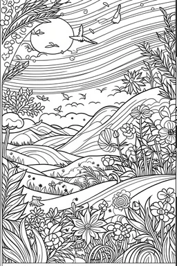 freedom, coloring book page, simple and clean line art, adult drawing book, low details, black and white, crisp black lines, no shades, sharp lines, coloring book for adults, cartoon style, landscape