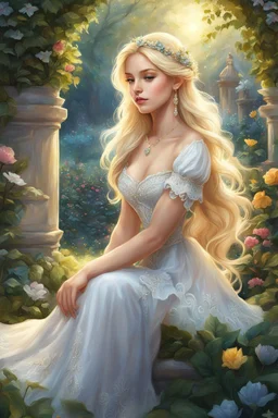 a girl with blonde hair sitting in a garden, beautiful fantasy art portrait, very beautiful fantasy art, beautiful fantasy painting, beautiful fantasy portrait, ornate long flowing blonde hair, beautiful fantasy art, magic fantasy highly detailed, fairytale artwork, antasy character, highly detailed fantasy art, fairy tale illustrations, fairy cgsociety, beautiful detailed fantasy, carlos ortega elizalde