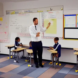 Classroom, teacher explaining, pupils and a white board.