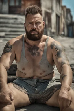 viril strong chubby mature russian man sunbathing, sitted on an empty street, 32 years old, dirty tank top, tattoo, bullneck, hands behind the neck, ripped dirty shorts, manly chest, very hairy, short beard, big shoulders, relaxed, photorealistic, well defined facial features, half figure photography, view angle from the ground