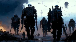 {{{Bio-engineered undead cyborg army marching}}} machine soldiers, future military, tactical wear, gas creepy landscape, techno gothic visual composition, science fiction painting, Denis Sarazhin, Alex Colville, Simon Stålenhag, Neil Blomkamp, Frank bowling, Christopher Shy, Alejandro Burdisio, RAW, gritty, high contrast, atmospheric horror art, gripping and suspenseful, vivid, neon overlay, narrative art, textured, dramatic, surreal horror, gestural, disco diffusion