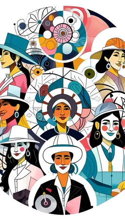 Illustration of some happy and very veiled and modern women who we see from a far distance and some painters with palet and doctors wiht stethoscope are some engineers wiht Engineering hat and they have formed a spiral composition.be veiled