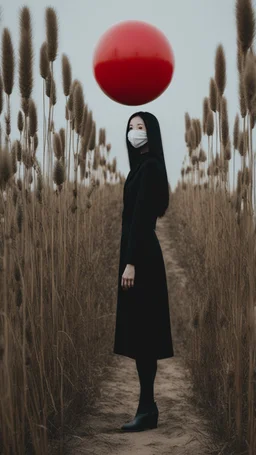 a no face woman with mask standing in a field holding red ball, inspired by Ren Hang, design milk, long black hair, whites, wanderers traveling from afar, trending on artisation, cloning spell, coat pleats, in twin peaks, submarine, by Helen Thomas Dranga, symetry, round-cropped, noire photo