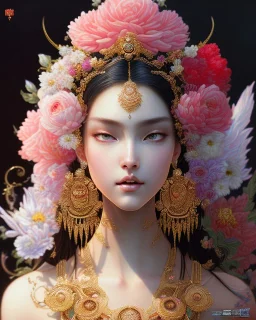 Detailed hot flower goddess , intricate details, full body portrait, keep head in frame, slight, black Japanese motif, concept art, highly detailed, digital painting, concept art, sharp focus, illustration, art by Yoji Shinkawa, WLOP and greg rutkowski and alphonse mucha and artgerm and yanjun Chen and Junji ito and Makoto Shinkai, HDR, octane render