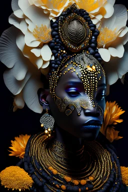 Beautiful african woman portrait bioluminescence gradient african elephant portrait, textured detailed fur adorned with bioluminescence malachit colour rennaisance style black and white and Golden pearls, beads and black diamond headdress and masque, orange lily florals, organic bio spinal ribbed detail of detailed creative rennaisance style ornate lwhite colour florwers background by the moonlight extremely detailed hyperrealistic maximálist concept art