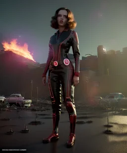 retro sci-fi portrait image from 1960, supermarket parking explosion, fire, black widow, young Scarlett Johansson, tight latex suit, soft color, highly detailed, unreal engine 5, ray tracing, RTX, lumen lighting, ultra detail, volumetric lighting, 3d, finely drawn, high definition, high resolution.