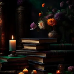 rave on books with flowers and lit candles dark moody art with browns green earthy tones, deep purples, hyper realistic maximalist concept art