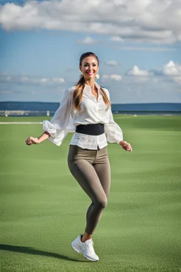 lady in pants and blouse and sport shoes dancing