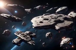 View on scenery from side with player space fleet, asteroid and enemy space fleet. Most of the player space fleet is on one side of the asteroid, with a spaceship at the bottom. The enemy fleet is on the other side of the asteroid.