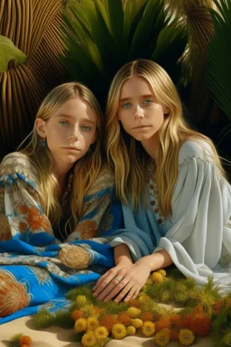 ((Mary-Kate and Ashley Olsen a warm hug)),Nestled against the backdrop of swaying palms and colorful tropical flora, the woman embodies an idyllic vision of seaside repose. Seashells and small pebbles create a delicate mosaic at the base of her lounger, mirroring the natural beauty surrounding her. A subtle fragrance of salt and coconut oil lingers in the air, enhancing the sensory tapestry of the scene.