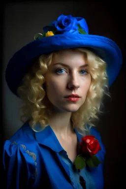 Porträt Fraulachend mit Blonden Locken blauer Bluse und Hut Mit Blumen