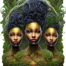 Painting .three women. the faces of three young black women. wood nymphs emerging from the forest. Her hair looks like vines. Dreadlocs. Her skin is the colour of dark soil. Her skin looks like tree bark. Her clothing is made of vines, grass and leaves.