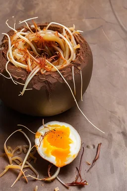 an egg with beansprout like roots coming out from the bottom