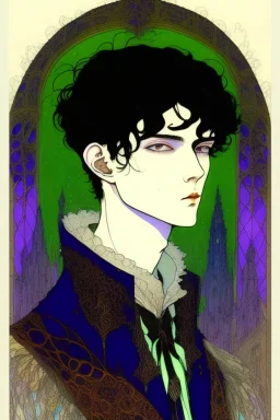 black hair, 17 year old, male, alchemist, in the style of Harry Clarke