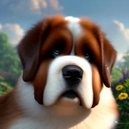 pixar style, volumetric summer garden environment and background, realistic painting of saint Bernard, looking excited, volumetric lighting, dramatic lighting, detailed digital painting, extreme dense and fine fur, anime, ornate, colour-washed colors, elegant, small minutiae, tiny features, particulars, centered, smooth, sharp focus, renderman gofur render, 8k, uhd, detailed eyes, realistic shaded volumetric lighting, sunlight caustics, backlight, centered camera view