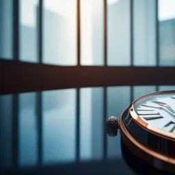 very close up of a very big luxury wrist watch with dark mirror glass stands on table in balcony skyscraper and reflects modern city environment image , to the camera ,centered.