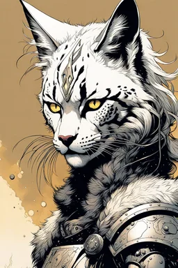 create an ethereal, otherworldly anthropomorphic Lynx female warrior , in the comic book art style of Mike Mignola, Bill Sienkiewicz, and Jean Giraud Moebius, with highly detailed fur and feminine facial features , finely inked , dramatic natural lighting