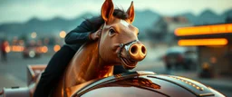 close up on elon musk riding an awesome spaceship in copper, fast one in the shape of a horsepig is half horse half pig, now its gonna do an awesome gig , bokeh like f/0.8, tilt-shift lens 8k, high detail, smooth render, down-light, unreal engine, prize winning