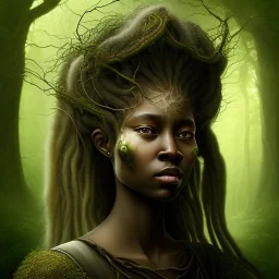 Renaissance style. Watercolour Painting. the face of A young black woman. A wood nymph emerging from the forest. Her hair looks like vines. leaves and gnarled branches extending past face and morphing into reality, Dreadlocs. Her skin is the colour of dark soil. Her skin looks like tree bark. Her clothing is made of vines, grass and leaves.