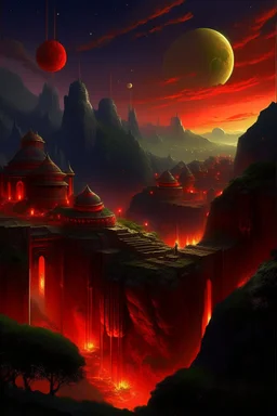 View of an ancient walled city sitting in a valley as viewed from the rim of the valley, the city is lighted by torches placed along the walls with windows high upon the wall, One window has a scarlet cord draped out reaching the ground, the sky is dark and surrealistic with planets and moons on the horizon, the rim of the valley has armored soldiers laying in wait while 2 spies work their way down to the outside of the city wall where the scarlet cord hangs from the window above a cross