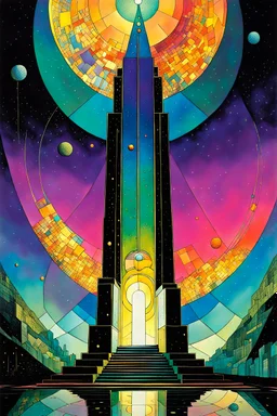 Create a chaotic abstract cubist Tarot Card depicting , Obelisk , in the style of Bill Sienkiewicz, Philippe Druillet, Gustav Klimt, and Jean Giraud Moebius, precisely drawn, colored and inked, with ornate bordered edges