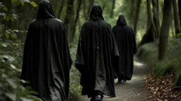 black robe hooded monks on the forest path