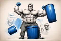 a very swedish strongman, big muscles and short light hair, pair of glasses, holding one big blue barrel above his head, a drawing with sketch lead pencil, The word BAXER floating
