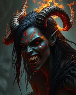 A female eldritch horror being, skin like obsidian with streaks of magma shining through, coal-black hair, rows of sharp white teeth, long flaming horns, greg rutkowski, intricate details, cave setting