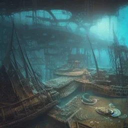 Underwater view,Insanely detailed photograph of an “artitcture plans of a sunken city ” with intricate waves, intricate embroidered band of stars, hyperdetailed painting by Ismail Inceoglu Huang Guangjian and Dan Witz CGSociety ZBrush Central fantasy art album cover art,8K, hdr, romantic, mysterious, ominous, flowers, jewelry, steam,oil,cafe,street vendor,steamship,D&D