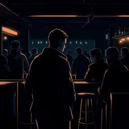 a single figure in a crowded bar at night, dark colors