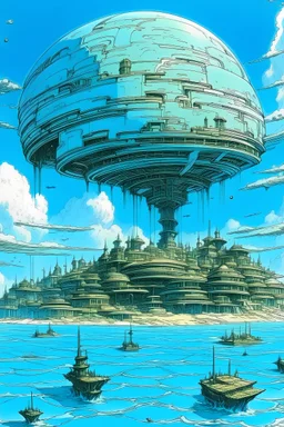 drawing of a sunken half underwater futuristic city by Jean Giraud, blue sky with lots of cloud