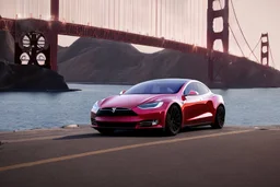 A Tesla 'Model S' is parked, on the 'Golden Gate' bridge. (CINEMATIC, WIDE ANGLE LENS, PHOTO REAL)