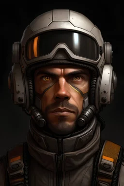 A DIGITAL ART portrait of a sci-fi pilot man. He is young years old. He has a pilot helmet. One of his eyes is grey and the other one is brown.