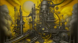 A surrealist painting depicts a complex, industrial-looking structure with various mechanical components and human bodies and faces integrated into the design. The color palette is dominated by shades of gray and yellow, with a gradient in the background suggesting a sunset or sunrise. The structure is composed of pipes, metal plates, and various mechanical parts, arranged in a seemingly chaotic yet deliberate manner. Several human bodies and faces with varying expressions are embedded in the st