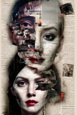 A collage about anxiety experienced by a beautiful woman, focus point of image, distant faces, ghosts, ripped pieces is newspaper clippings, suffocating, abstract, chaos, epic photo, sharp on highly detailed skin with wrinkles and high contrast, photorealistic, 4K, 3D, realism, hyperrealism, detail, good lighting, detailed texture, modern photography style, 3D, 4D, 4K