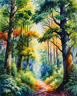 Bosque con árboles grandes, gruesos y frondosos, calidad ultra, hiperdetallado,12K, pintura arte acuarela impresionista maximalista, explosión de colores, increíble obra de arte