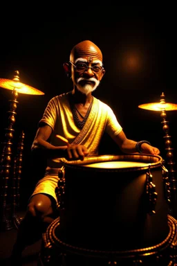 4K realistic, Gandhi playing drums in a metal band, black background, bright flames all around