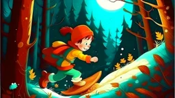 fantasy cartoon style illustration: a little boy sled down a hill, and one mitten got caught on a branch and flew off in the woods