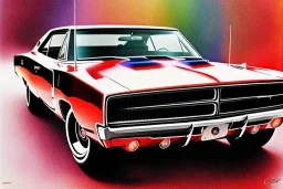 a true-to-life 1968 dodge charger, two-tone paintwork, classic hotrod wheels, detroit steel wheels, pen and color marker, centered, intricate, extreme detailed, photorealism, center view, stylized random background, pivot on dodge, painting by cheryl kelley