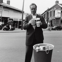 William Luby drinking a bucket full of beer at a pub