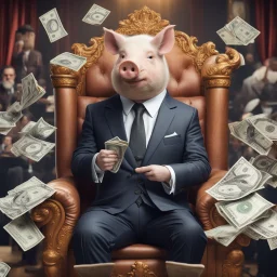 rich pig in suit on a throne making stacks of money by making a deal with a buisnessman. background of musicians