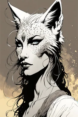 create an ethereal, otherworldly anthropomorphic Lynx woman , in the comic book art style of Mike Mignola, Bill Sienkiewicz, and Jean Giraud Moebius, with highly detailed fur and feminine facial features , finely inked , dramatic natural lighting