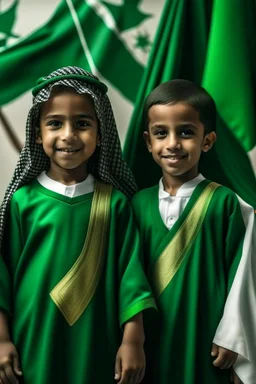 Saudi children holding the Saudi flag