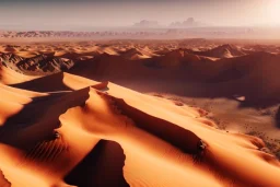 Extreme long shot, Birds Eye view, Arabic desert skyline, smooth, god rays, unreal engine 5, ray tracing, RTX, lumen lighting, ultra detail, volumetric lighting