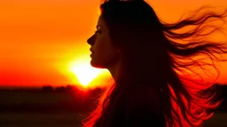 Silhouette of the head of a young lady with long flowing hair in a slight breeze. At sunset in Czech nature.