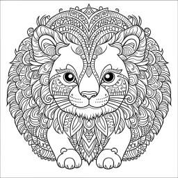 mandala baby lion, happy, cute animals, full view, realistic, coloring page, only draw lines, coloring book, clean line art, –no sketch, color, –ar 3:4, white background, minimalistic black lines, minimal black color, low level black colors, coloring page, avoid thick black colors, thin black line art, avoid colors, perfect shape, perfect clear lines,